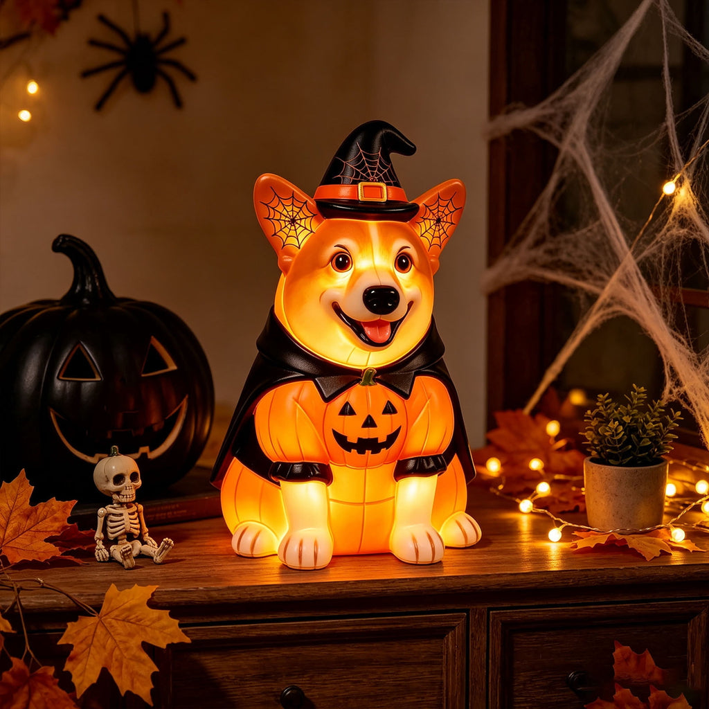 Clearance! Halloween Light‑Up Dog Figurine, 7.9in Scarecrow Dog Statue with Glowing Pumpkin, Waterproof Resin Table Yard Decor