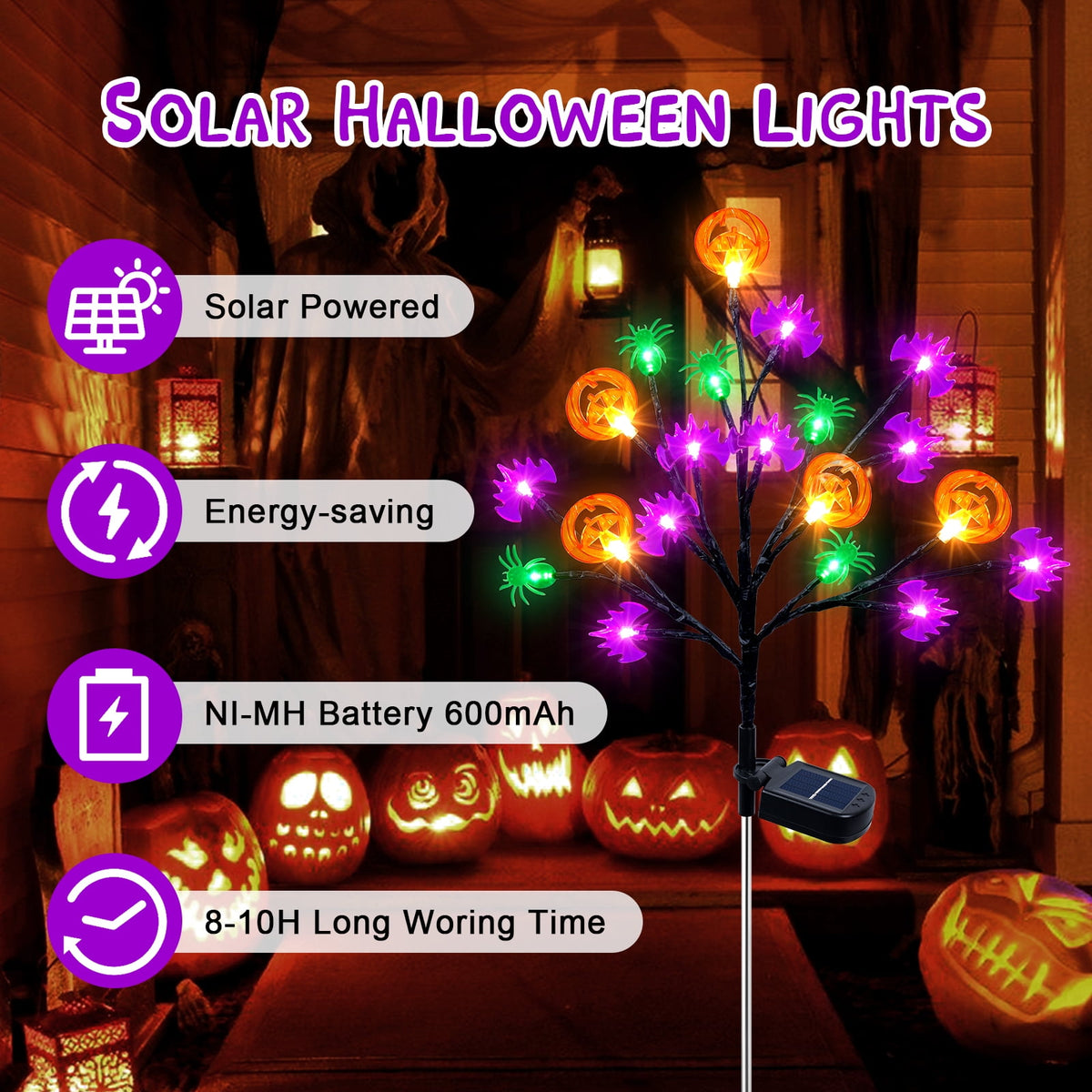 Qoosea 2 packs 40 LED Solar Halloween Lights, 2 Modes Halloween Bats Spiders Pumpkin Lights for Outdoor Decorations, Waterproof Stakes for Garden Yard Pathway Walkway