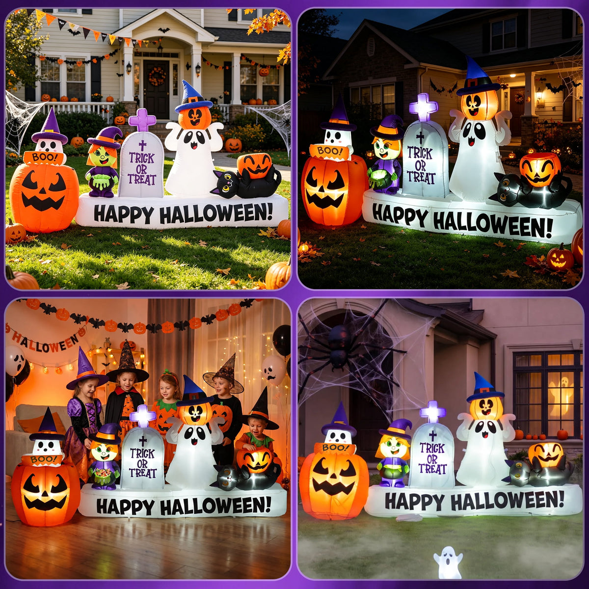 BSHAPPLUS® 9ft Halloween Inflatable Decorations,Blow up Yard Decor with Auto-Scaling Ghost in Pumpkin, Witch, Tombstone,Black Cat,Built-in LED,IP44 Waterproof for Outdoor Lawn Garden Party
