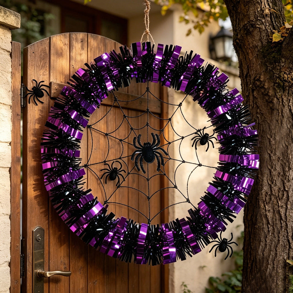 Halloween Wreaths for Front Door, Purple Black Tinsel Wreath with Spider Web & Spider Ornaments Front Door Hanging Decor for Party Home Porch