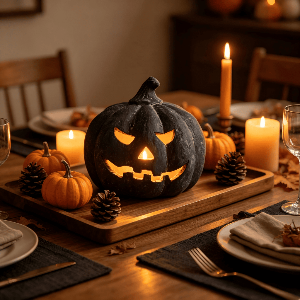 Halloween Decorations - 5.9" Black Handmade Resin Jack O Lantern Pumpkin Fall Decor, Indoor Outside Gothic Festival House Centerpiece Decoration for Table Garden Living Room Mantel