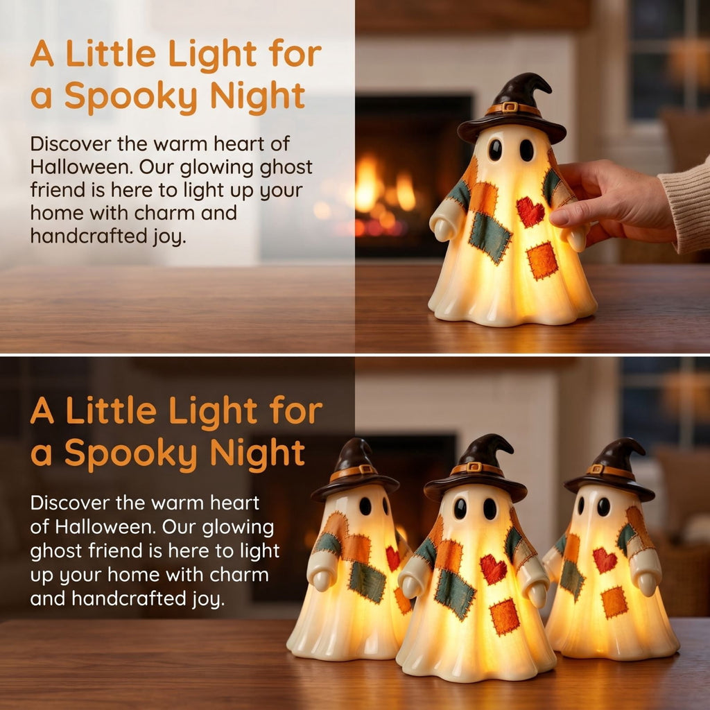 Stained Glass Witch hat lamp, 7" Halloween Gothic Mystic Room Decor Handcrafted Ceramic Phantom Figurine, USB Rechargeable LED Glowing Lantern for Bedroom Living Room Mantel Home Decor