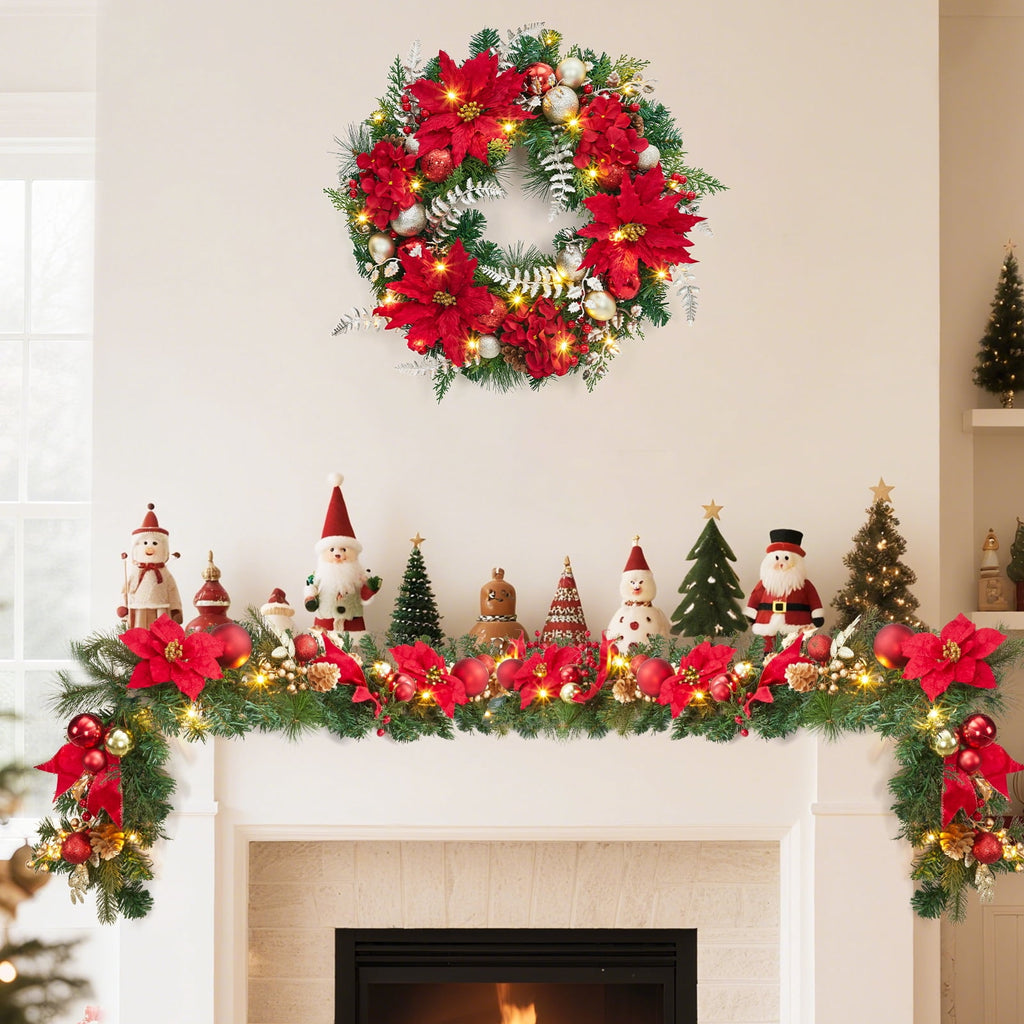 JoanKaren 24 inch Large Christmas Wreath Silver White with 20 LED Lights,Prelit Xmas Wreath w/ Ball Ornaments Pine Cone