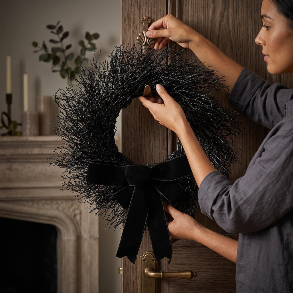 Black Halloween Wreath for Front Door, 16 Inch Twig Wreath with Velvet Bow, Gothic Fall Farmhouse Decorative Wreath for Porch Mantel Entryway Home Decor