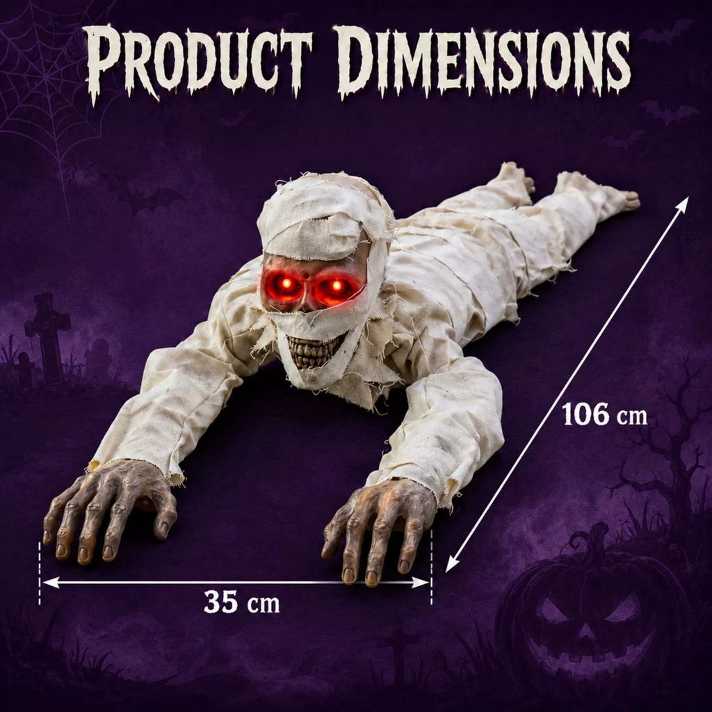 Halloween Crawling Mummy Prop, Voice Activated Animated Mummy Decoration with Red Glowing Eyes and Scary Sounds for Haunted House Yard Party Decor