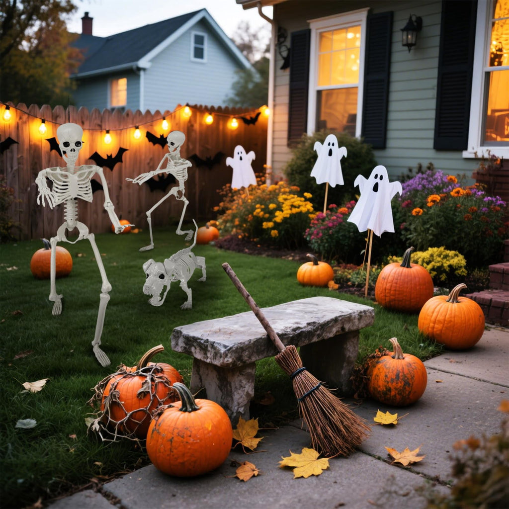 TETOU 2Pcs Halloween Human Cat Skeletons,35.4 Inch Realistic Full Body Movable Posable Skeleton for Halloween Garden Yard Porch Party Haunted Graveyard Indoor Outdoor Decororation