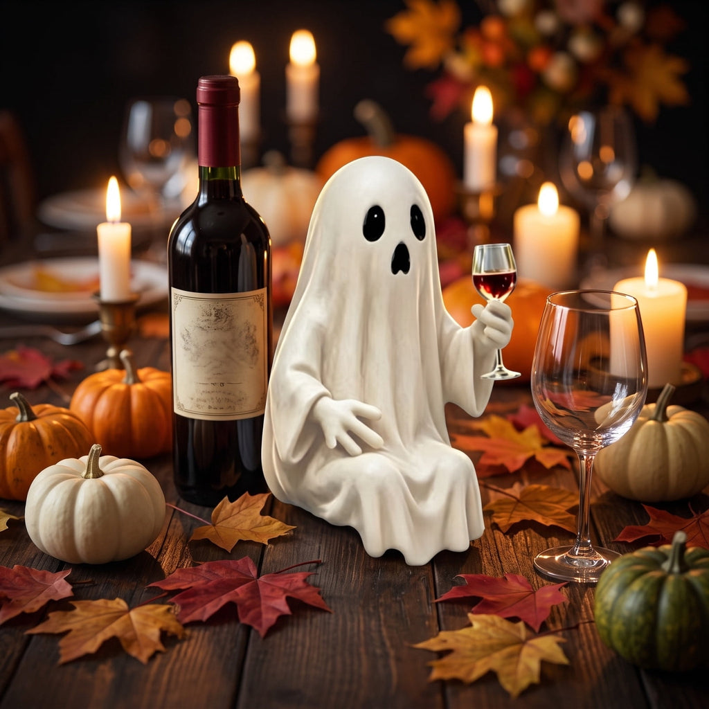 Halloween Ghost Figurine, Ghost Girl with Pink Bow & Hot Drink, Funny Ghost Statue Halloween Decor for Gift, Cute Spooky Tabletop Ornament for Home, Mantle, Desk & Party Decoration