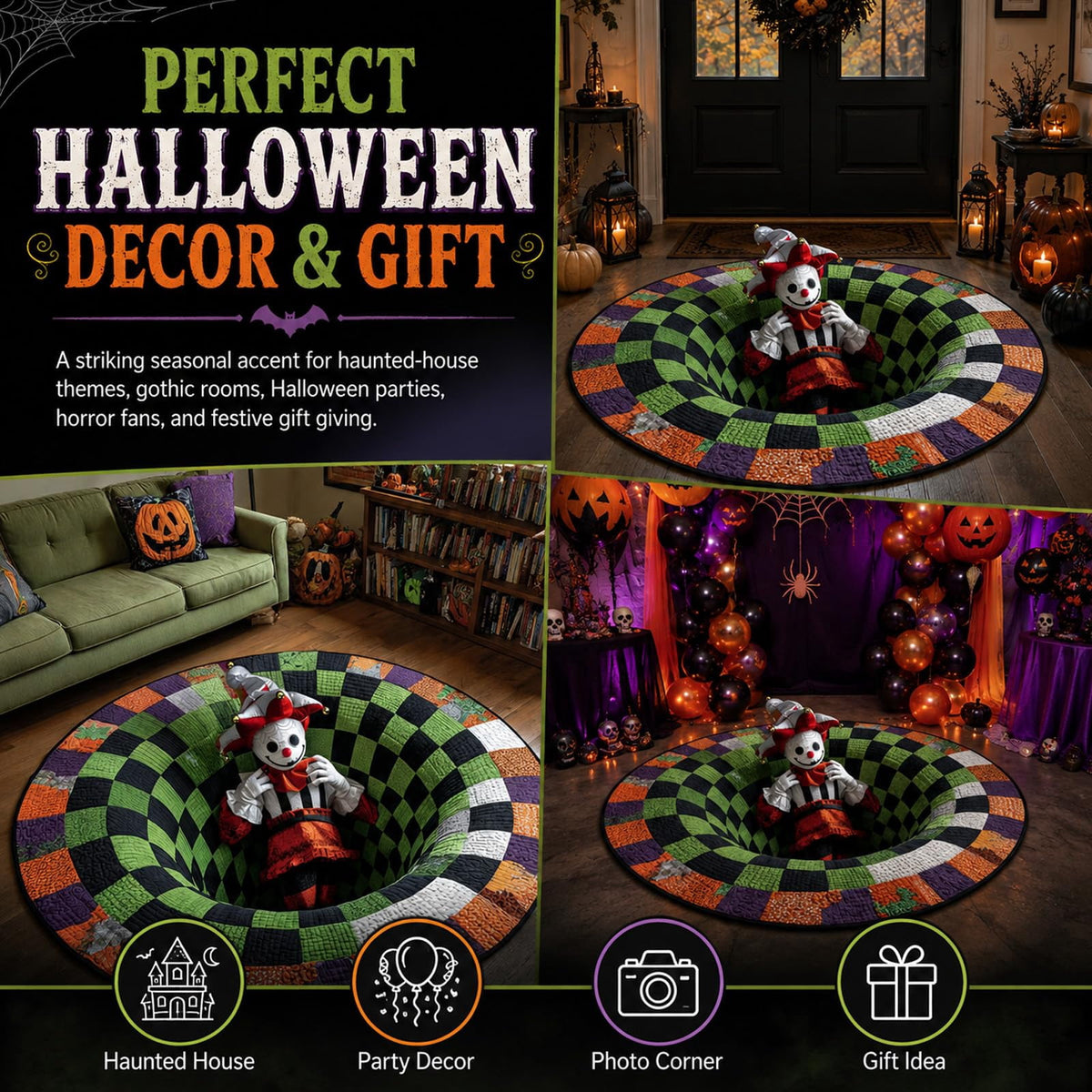 Deep Vortex Illusion Rug, 3D Halloween Round Floor Mat with Non-Slip Backing