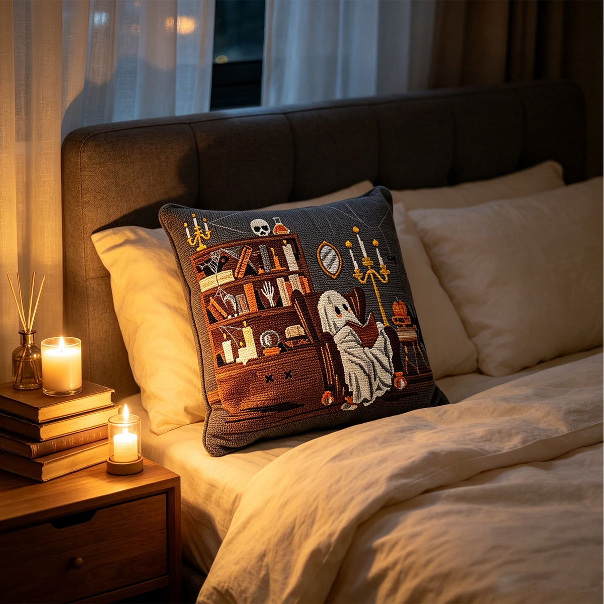 Cute Reading Ghost Plush Throw Pillow, Halloween Book & Pumpkin Bucket Ghost Stuffed Cushion, Spooky Season Decorative Pillow, for Sofa, Bedroom, Party Decor