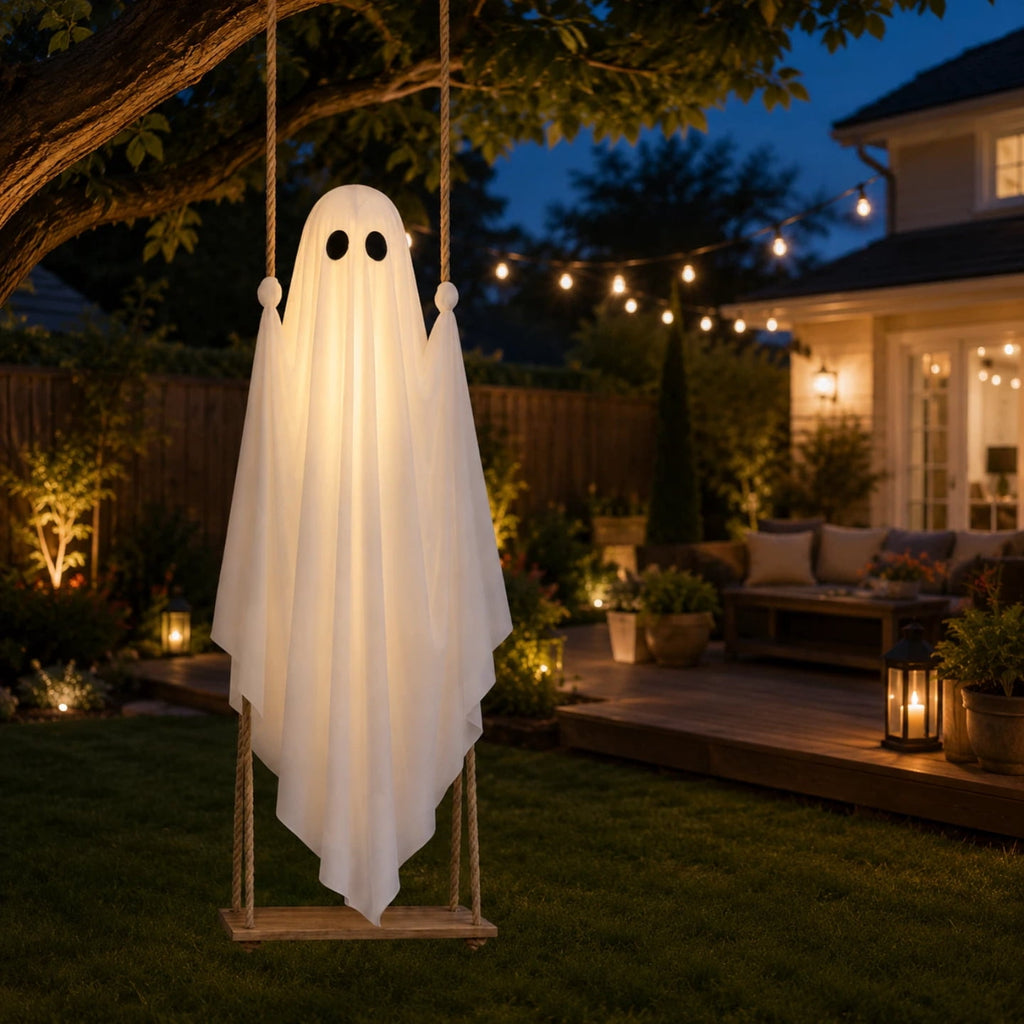 Light Up Swinging Ghost Outdoor Decor, 6.56FT Pre-Assembled LED Hanging Ghost on Swing with Remote Control, Halloween Decorations Outdoor for Porch Yard Tree