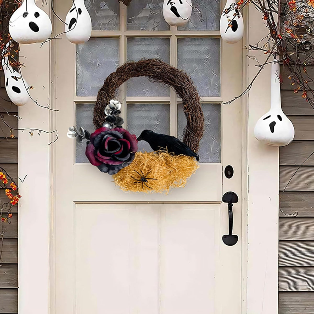 Halloween Wreath, 10 Inch Halloween Garland with Crow Vines, Artificial Dead Branch Wreath with LED Light, Halloween Home Party Decor Sturdy Build, for Porch Window Wall Decor