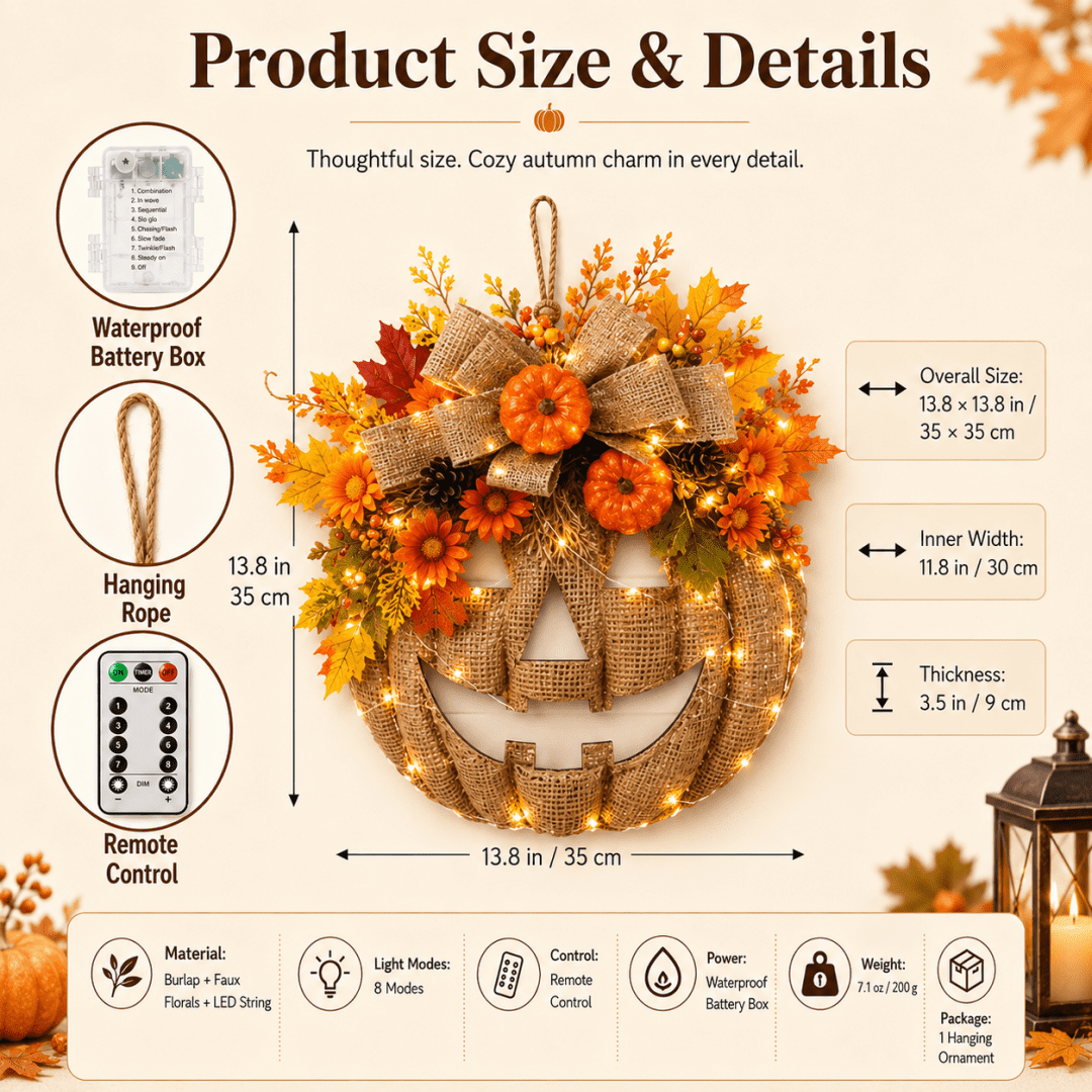 Lighted Burlap Pumpkin Wreath with Remote Control 🎃✨ Cozy Fall Door Decor with 8 Light Modes & Warm LED Glow Halloween Decor