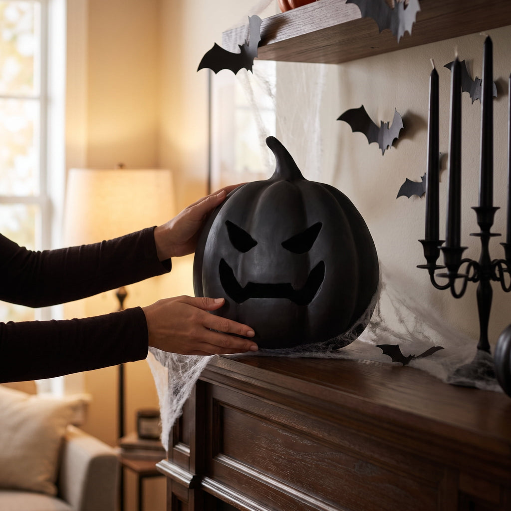 Paper Mache Jack-o'-Lantern Decoration, Black, 8.3", Halloween by Way To Celebrate