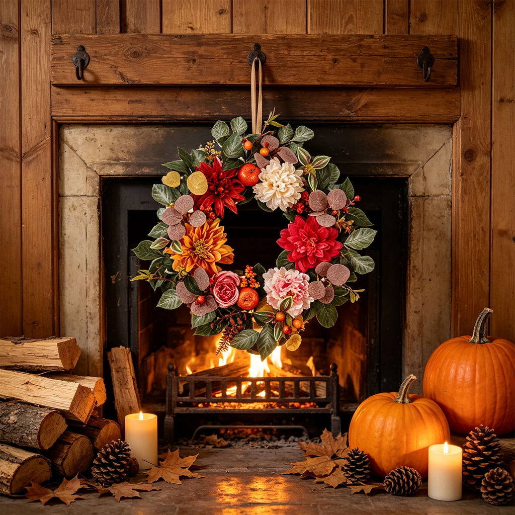 ICQOVD Halloween Pumpkin Maple Leaf Wreath with Skeleton Ornament Orange Black Bow Front Door Hanging Fall Home Decoration 15.75*15.75*3.15IN