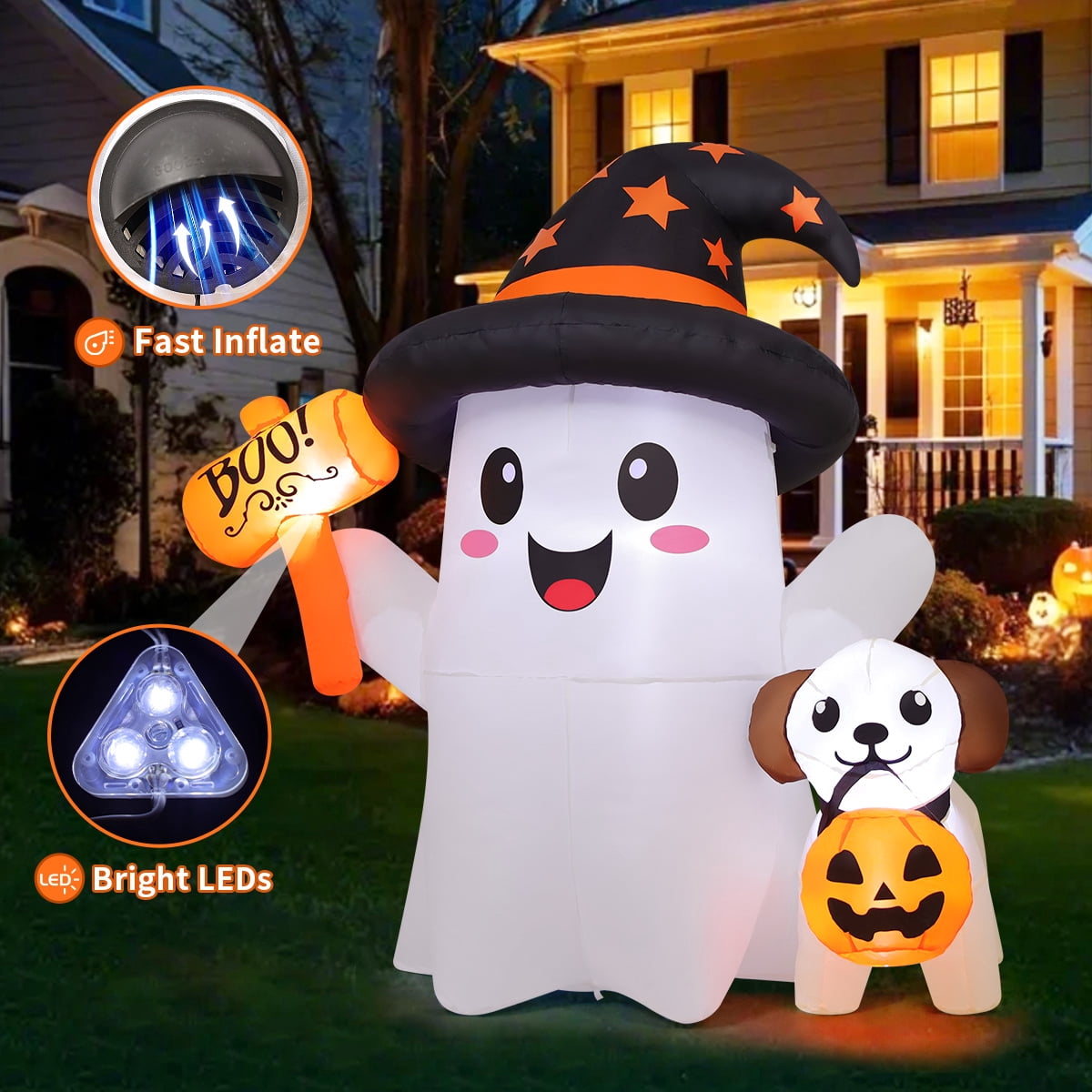GOOSH Halloween Inflatables 5 FT Inflatable Ghost and Puppy with Built-in Led Lights, Cute Ghost Inflatable Wearing Witch Hat, Outdoor Halloween Decorations Blow up Ghost for Halloween Holiday Party