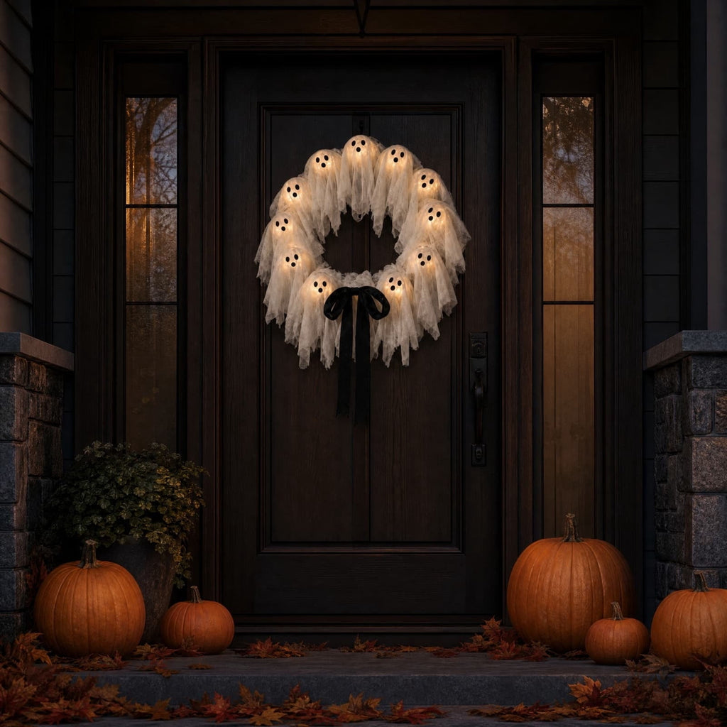 Gcvizuso Halloween Crescent Floral Wreath, Orange Red Rose Hydrangea Fall Front Door Decor for Autumn Harvest Celebration