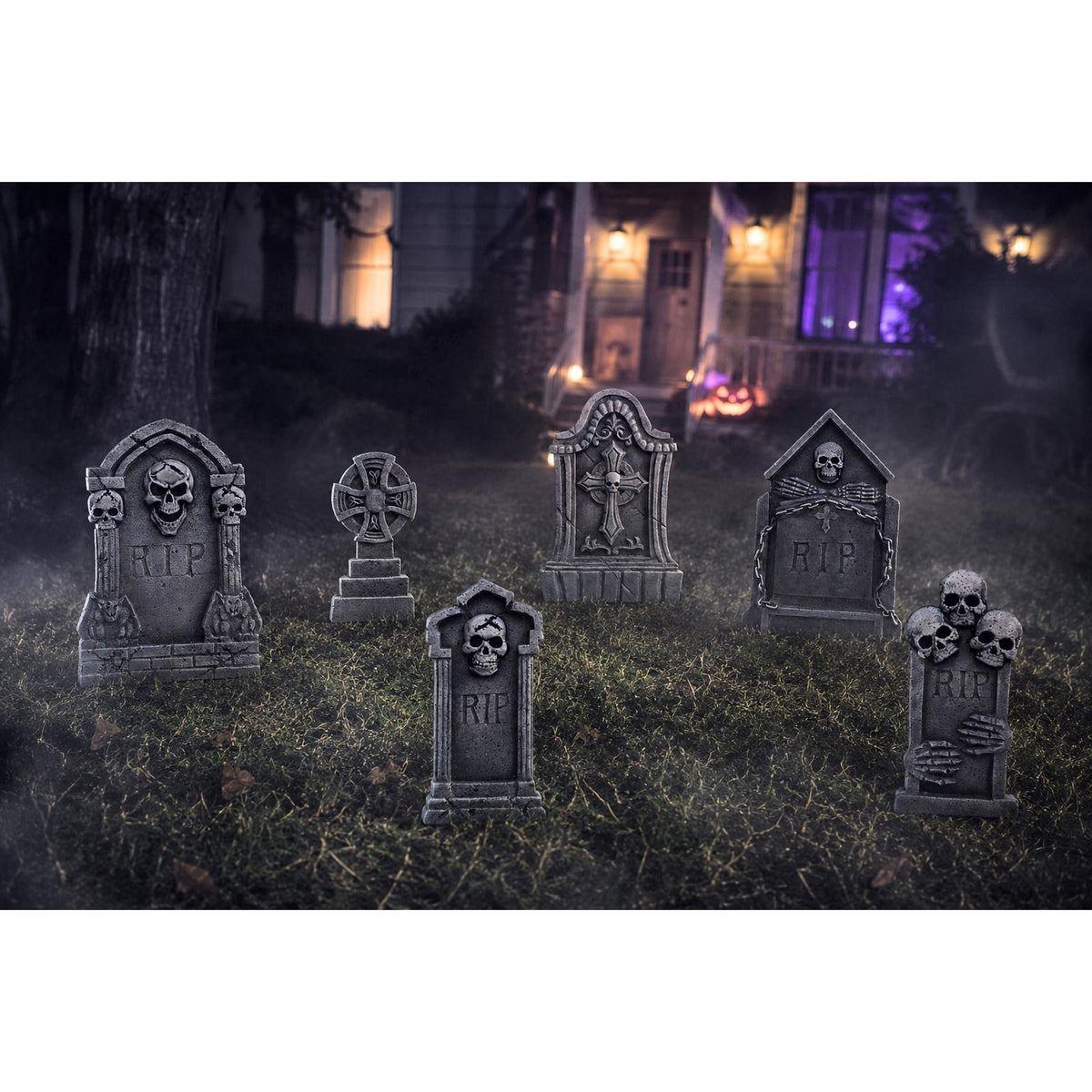 Tombstones Skulls Decoration Set, Gray, 6 Pieces, Halloween by Way To Celebrate
