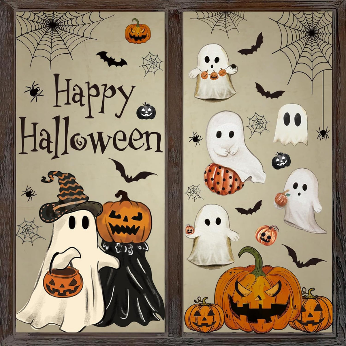 Halloween Window Clings Vintage Ghost Evil Pumpkin Bat Reusable Window Decals for Halloween Fall Party Supplies Home Glass Decor(6 Sheets)