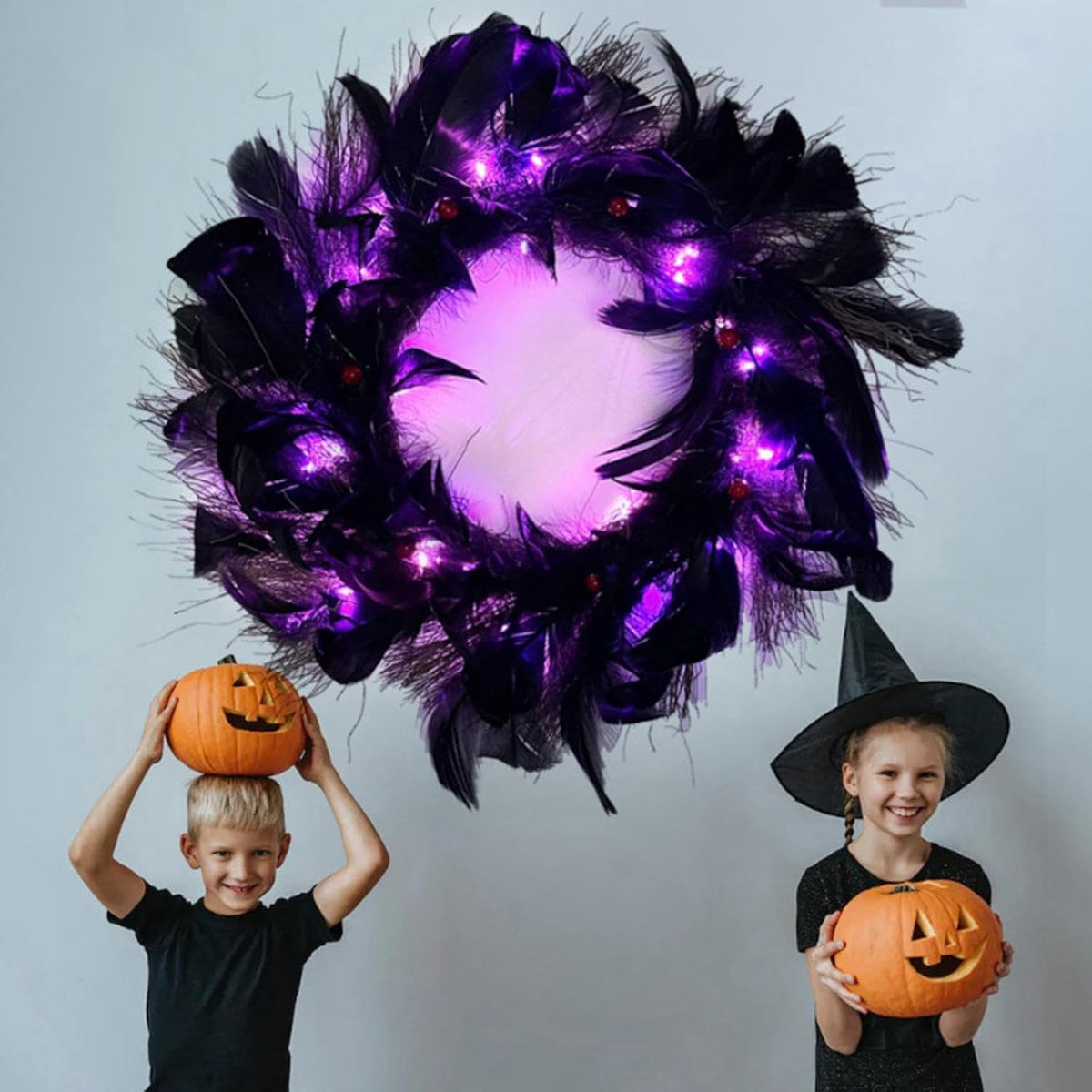 Halloween Wreaths with Light, 16in Black Feather Wreath, Wreaths for Front Door, Halloween Decorations Props for Door, Porch, Window,Indoor and Outdoor