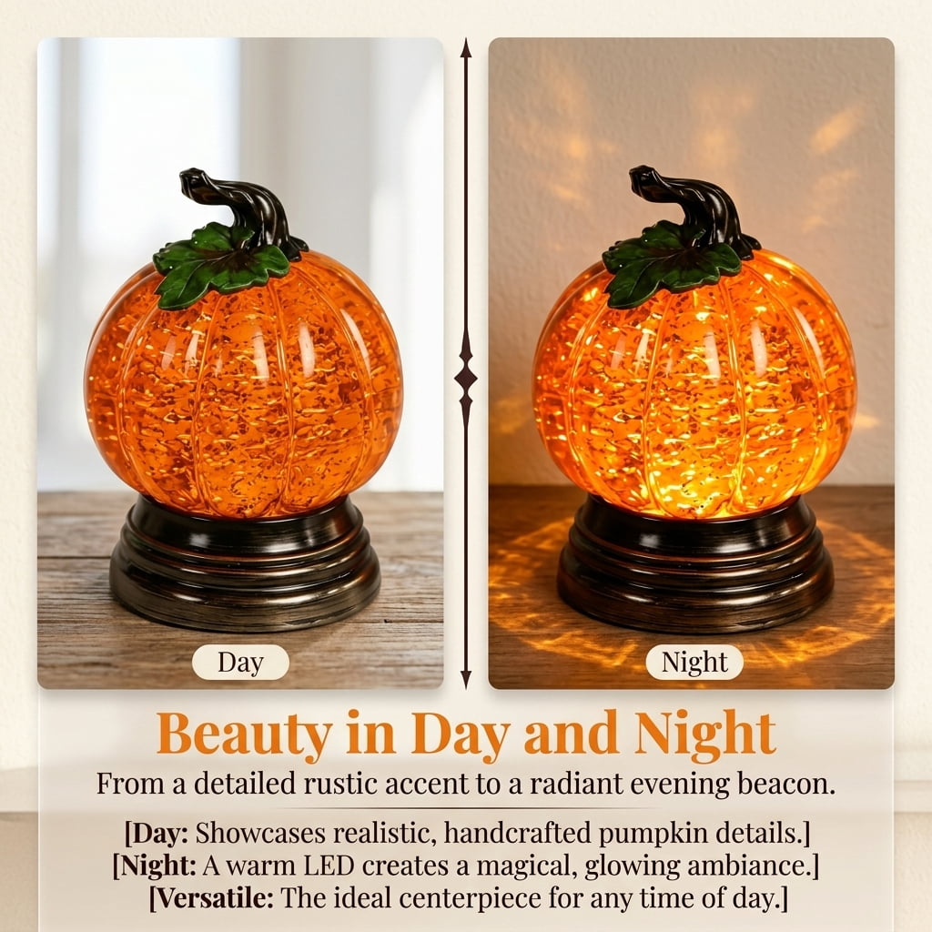 Halloween Pumpkin Snow Glitter Globe, Lighted Orange LED Fall Decor, Thanksgiving Centerpiece Seasonal Gift