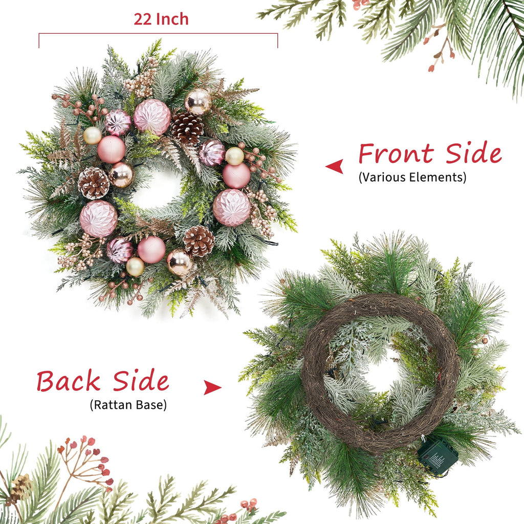 JoanKaren 24 inch Large Christmas Wreath Silver White with 20 LED Lights,Prelit Xmas Wreath w/ Ball Ornaments Pine Cone