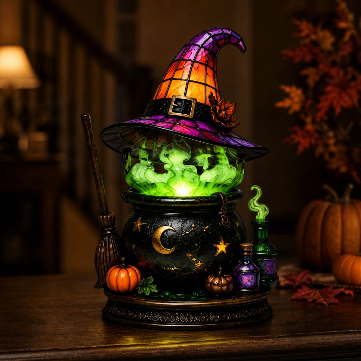 Halloween Lighted Witch Cauldron Decor Lamp, Stained Glass Witch Hat Magic Pot Night Light with Pumpkin & Potion Bottle Details, Spooky Vintage Tabletop Ornament for Mantel Living Room Party