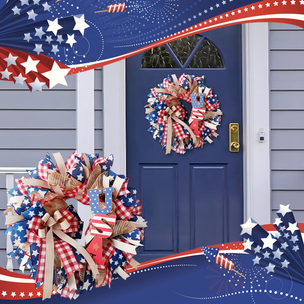 Nkmbld 4th of July Wreaths for Front Door, Independence Day Wreath Red White Blue Flower Wreath for Independence Day Memorial Day Flag Day Decor