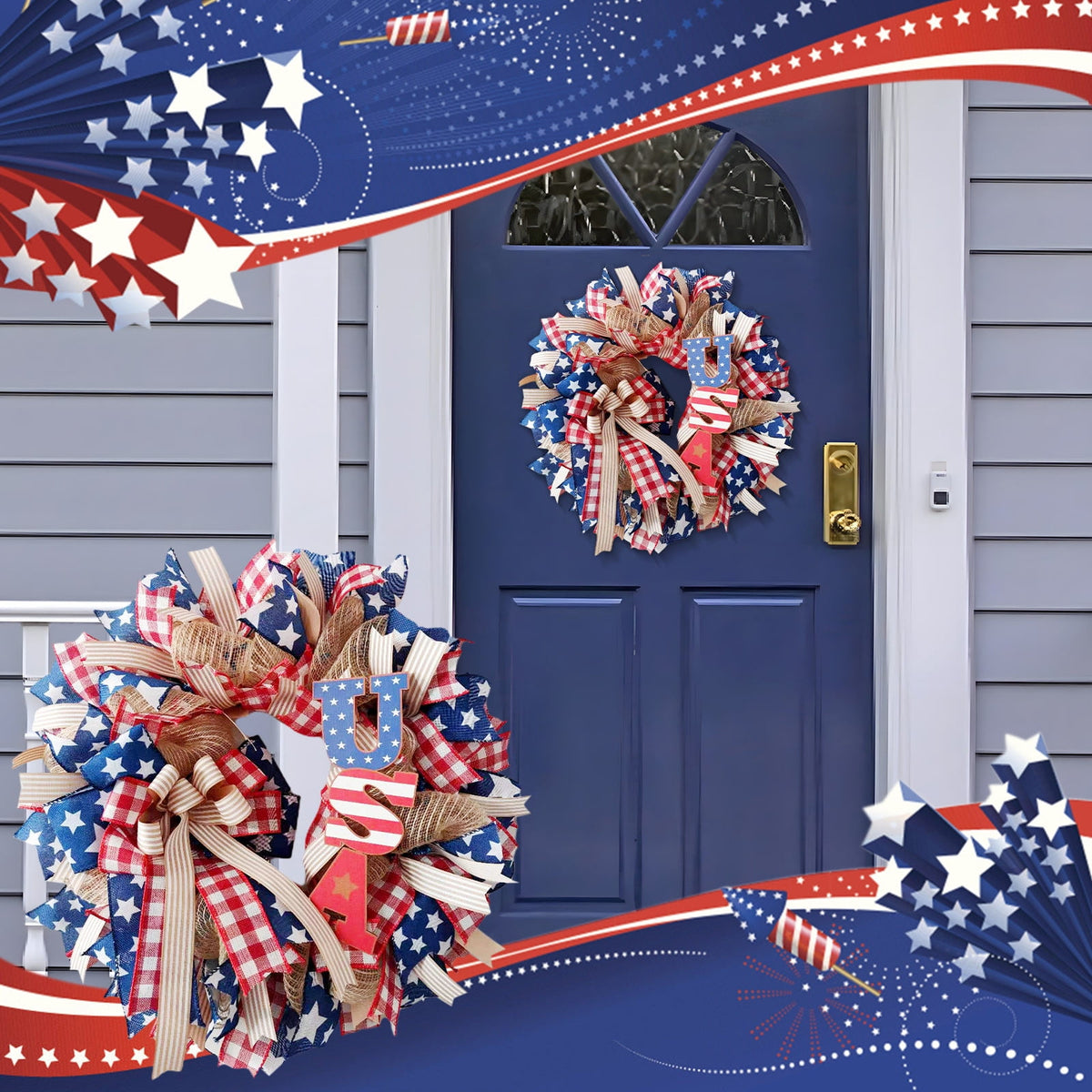 Nkmbld 4th of July Wreaths for Front Door, Independence Day Wreath Red White Blue Flower Wreath for Independence Day Memorial Day Flag Day Decor