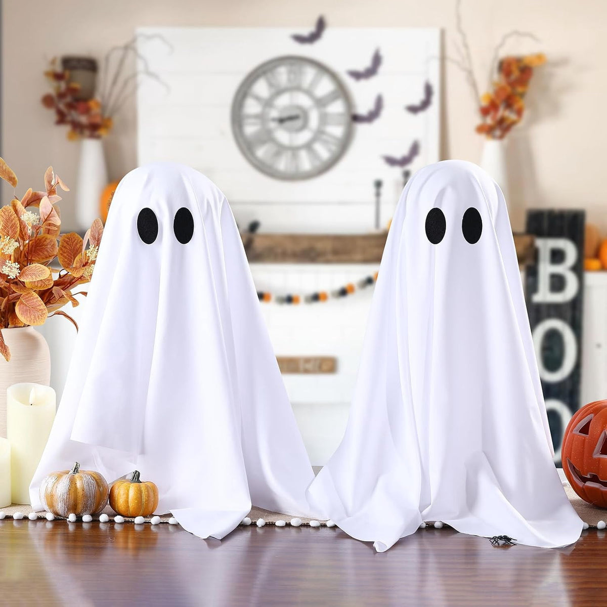TETOU 2 Packs Halloween Spooky Ghosts with String Lights,Scary Cute Ghost for Halloween Decoration Indoor Party Home Table Room Kitchen Fireplace Decor