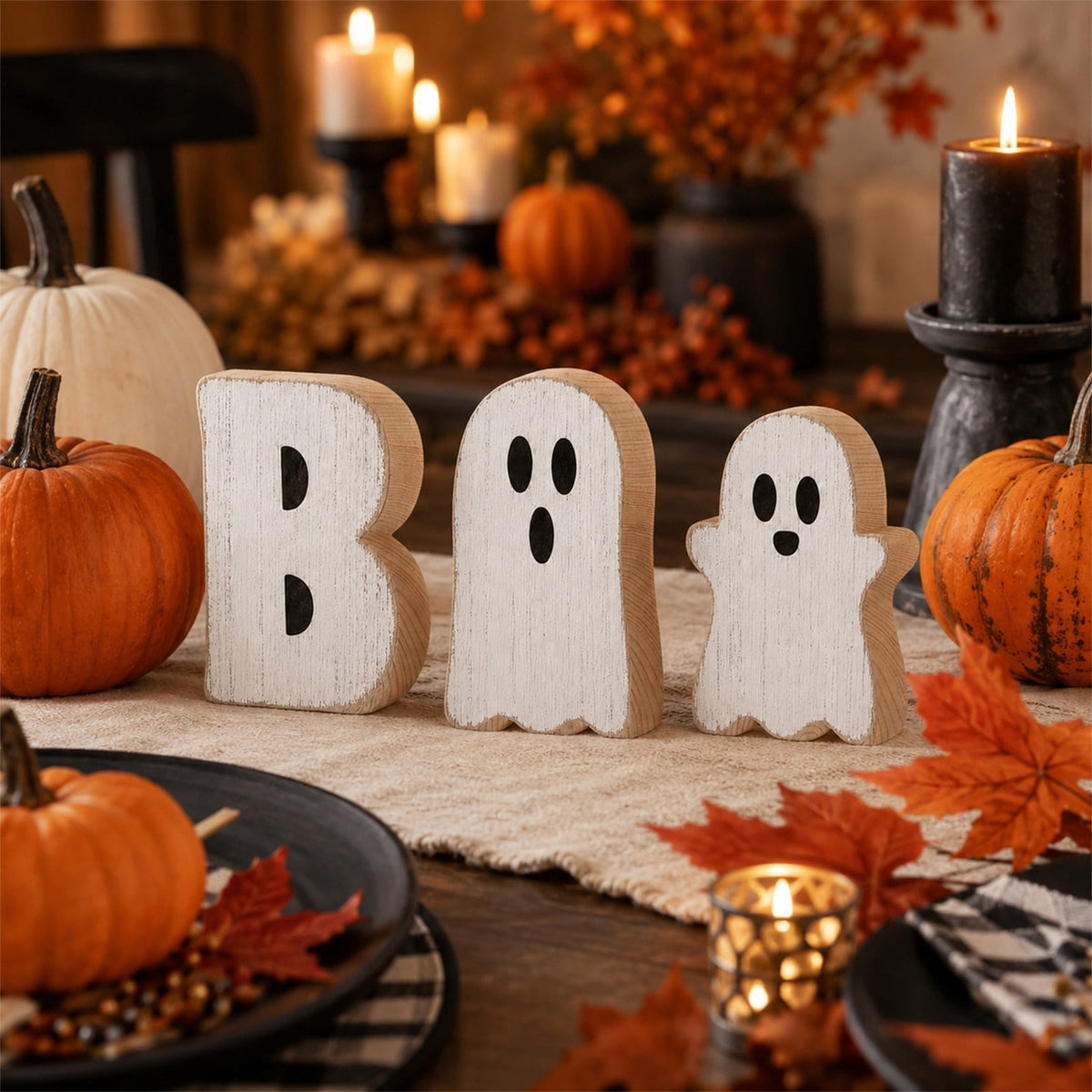 Miwamany 3 Pack Spooky Cute Ghost Wooden Figurine Set, Freestanding Lightweight Tabletop Ornament, Reusable Festival Decor for Home Kitchen Office Tiered Tray Halloween Centerpiece