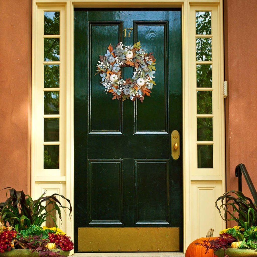 geerera Fall Decor, Thanksgiving Wreath, Frosted Leaf Pumpkin Berry Wreath for Thanksgiving Halloween Farmhouse Harvest Front Door Outdoor Indoor Window Wall
