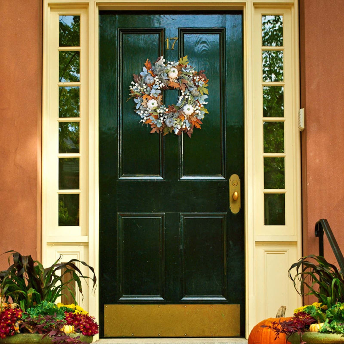 geerera Fall Decor, Thanksgiving Wreath, Frosted Leaf Pumpkin Berry Wreath for Thanksgiving Halloween Farmhouse Harvest Front Door Outdoor Indoor Window Wall