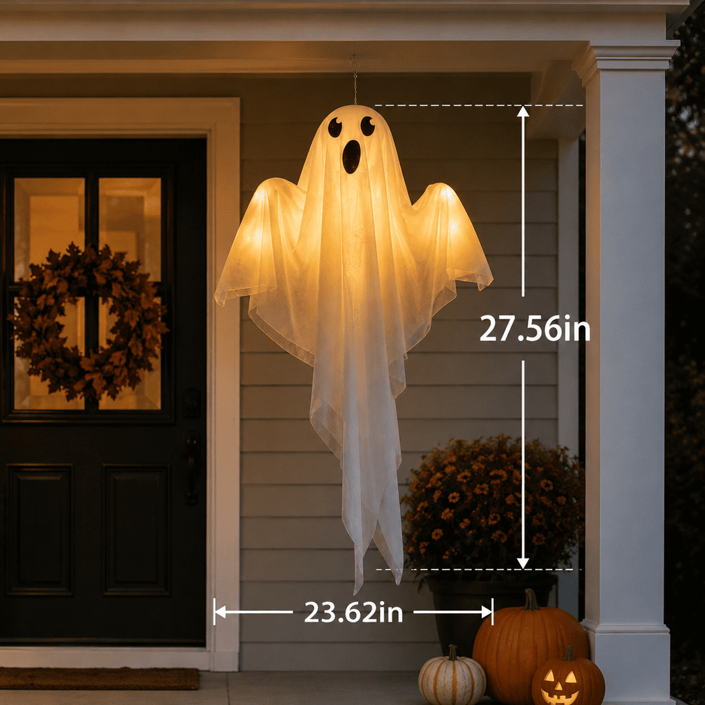 Clearance Light Up Hanging Ghost Decor, White Gauze Ghost Ornament with Blue LED Lights, Halloween Hanging Decoration for Front Door Porch Yard Tree Party Indoor Outdoor