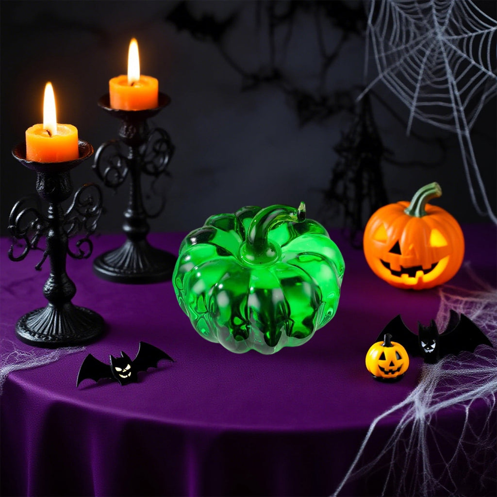 Fall Decor Mini Blue Hand Blown Glass Pumpkin Figurine Transparent Crystal Pumpkin with Green Stem Art Glass Fruit Tabletop Decor for Home Office Shelf Thanksgiving Halloween Gift