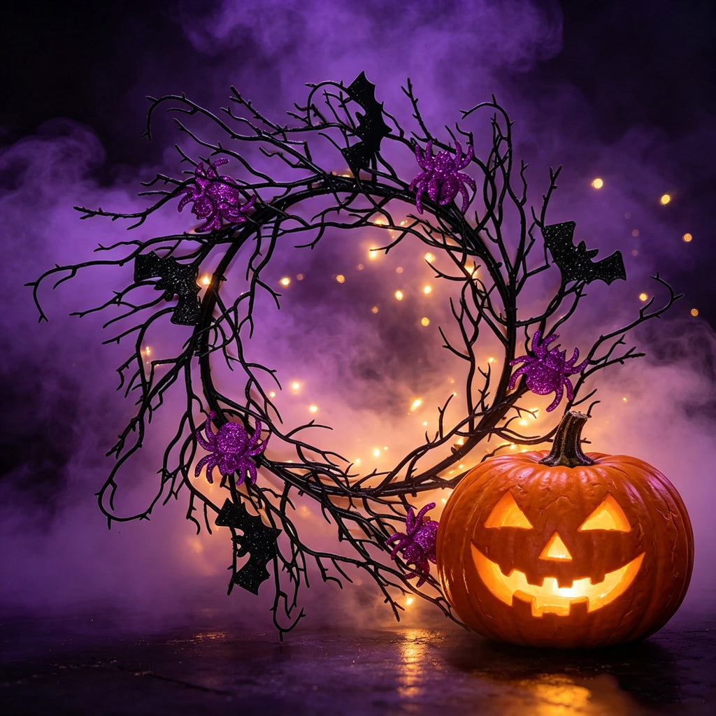 17" Halloween Wreaths for Front Door,Black Bats and Purple Spider Wreath,Spooky Gothic Outdoor Halloween Decoration For Halloween Party,Outdoor/Indoor Porch,Home Holiday Decor