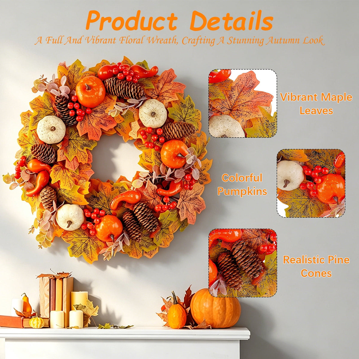 AGCAN 18 Inch Fall Wreaths for Front Door, Autumn Wreaths with Pumpkin & Pine Cone, Fall Decor for Indoor Outdoor Thanksgiving Harvest Festival Celebrations