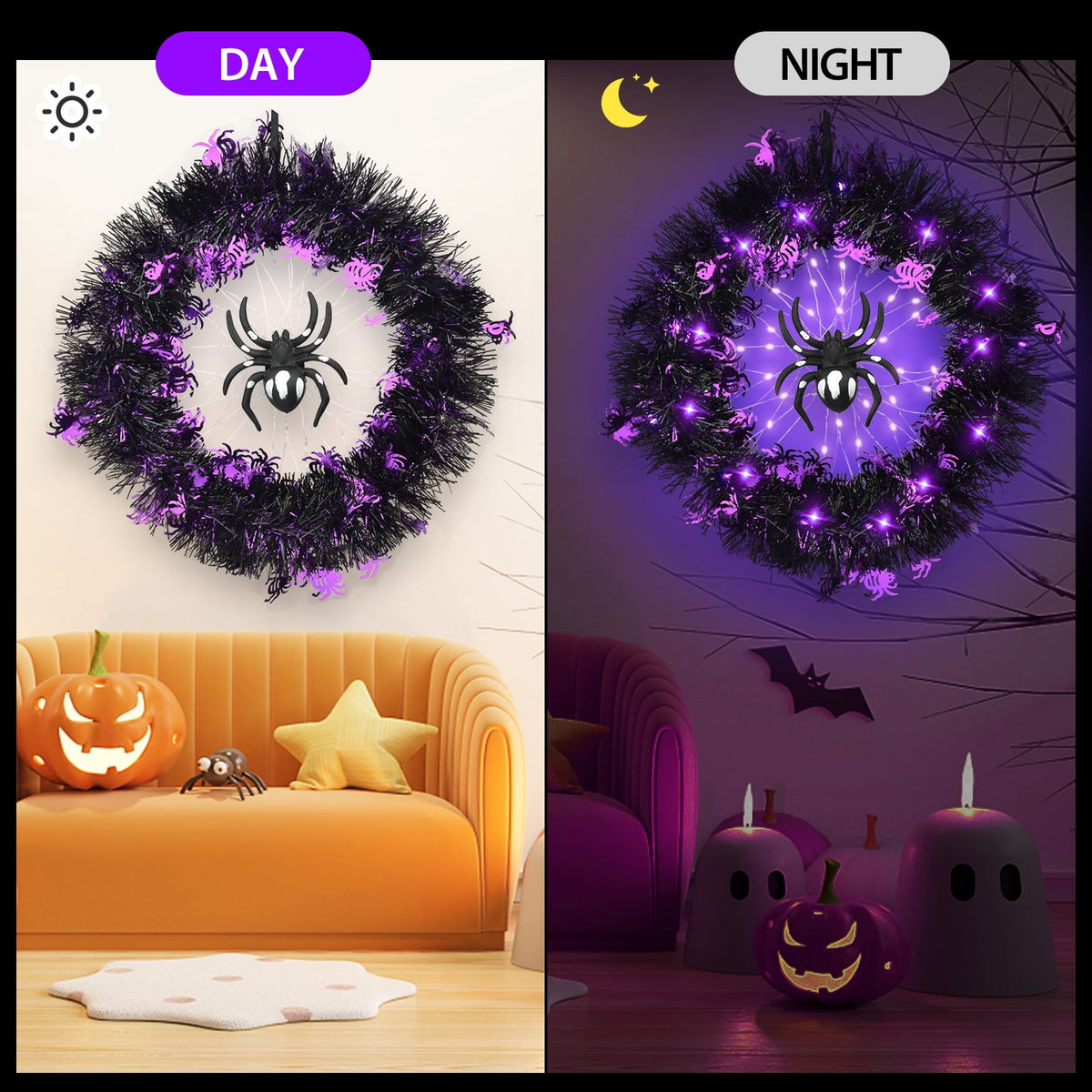 Halloween Spider Garland Front Door Wall Hangings Halloween Horror Party Atmosphere Decoration LED Luminous Wreath