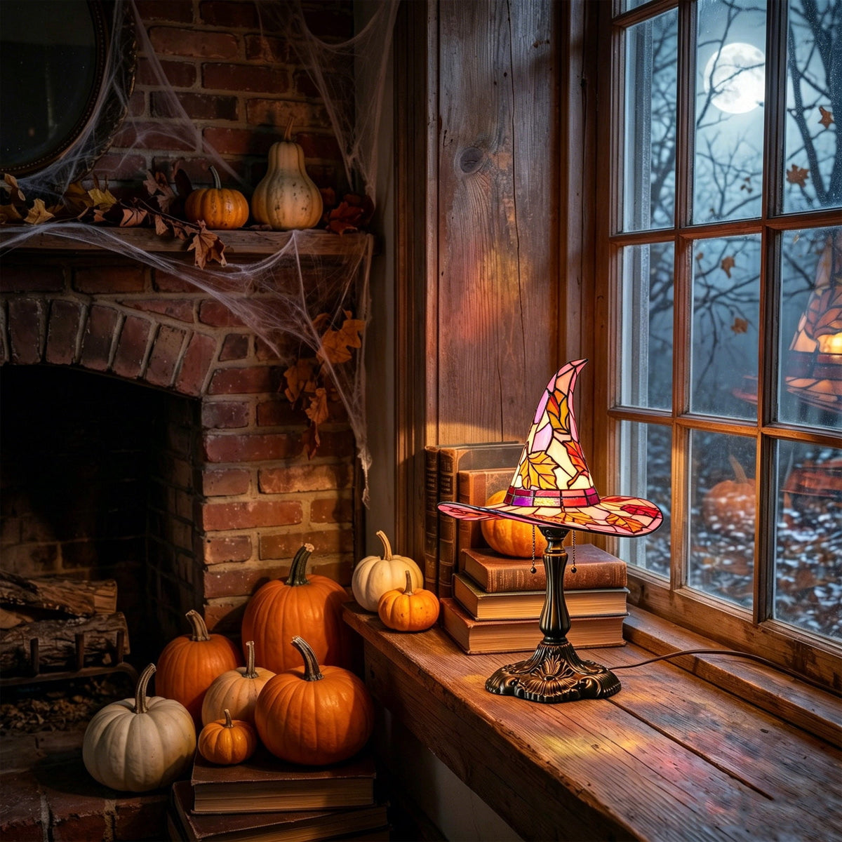 Stained Glass Witch hat lamp, 7" Halloween Gothic Mystic Room Decor Handcrafted Ceramic Phantom Figurine, USB Rechargeable LED Glowing Lantern for Bedroom Living Room Mantel Home Decor