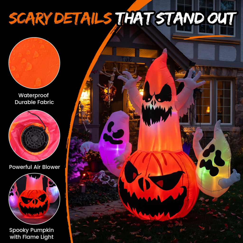 6FT Halloween Inflatable Ghost Pumpkin Decorations with LED Lights, 3 Ghosts Inflatable Yard Decorations for Outdoor Lawn Garden Porch Indoor Party Decorations