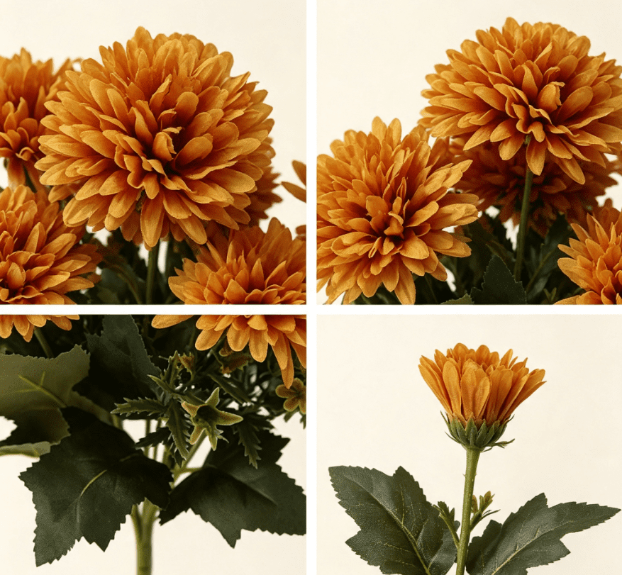 1Pack Faux Fall Mums for Outside Artificial Mums Outdoor Clearance Chrysanthemum Bush Silk - Orange Fall Decorations for Home Fall Wedding Flowers