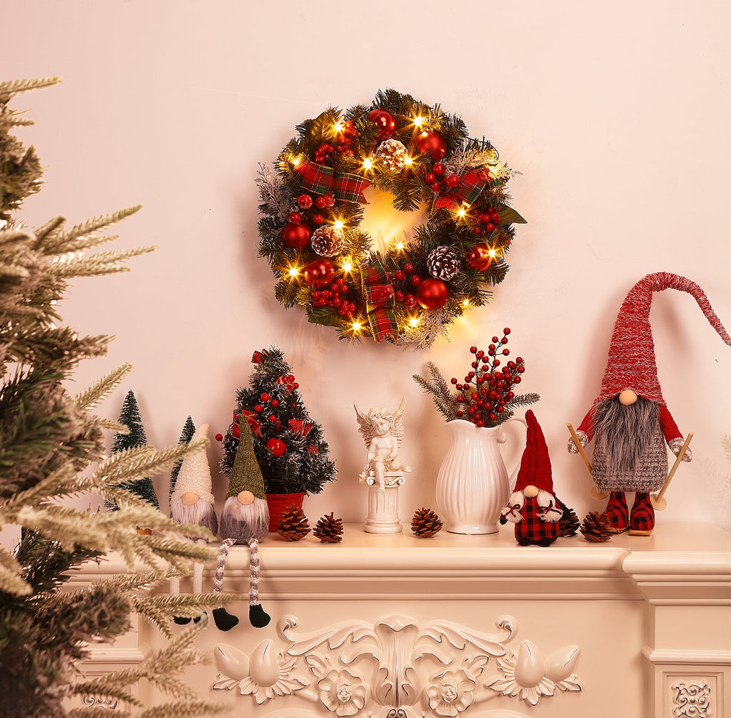 JoanKaren 24 inch Large Christmas Wreath Silver White with 20 LED Lights,Prelit Xmas Wreath w/ Ball Ornaments Pine Cone