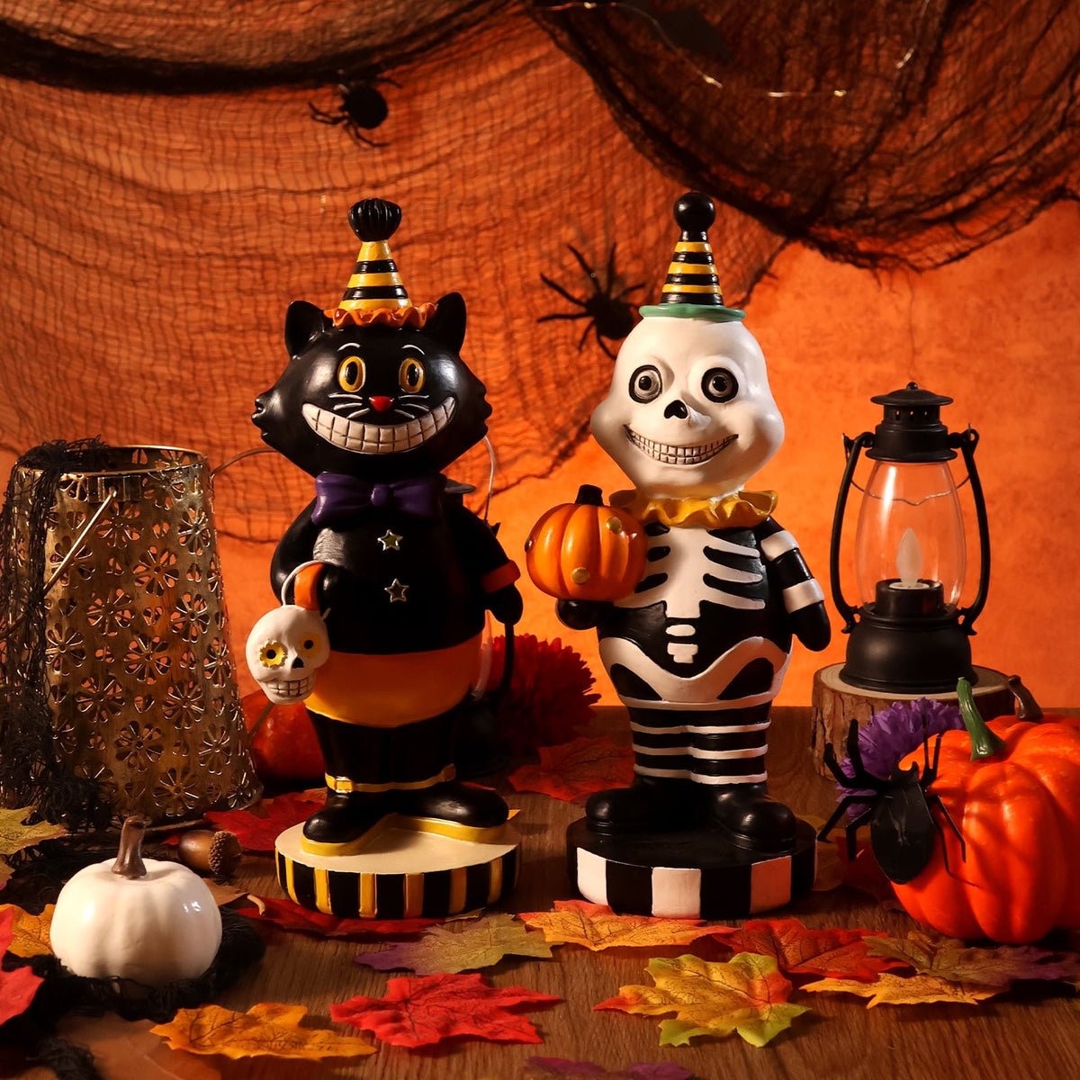 Ayieyill 2pcs Halloween Cat and Skeleton Figurines Vintage Halloween Black Cat Decor Halloween Table Decorations