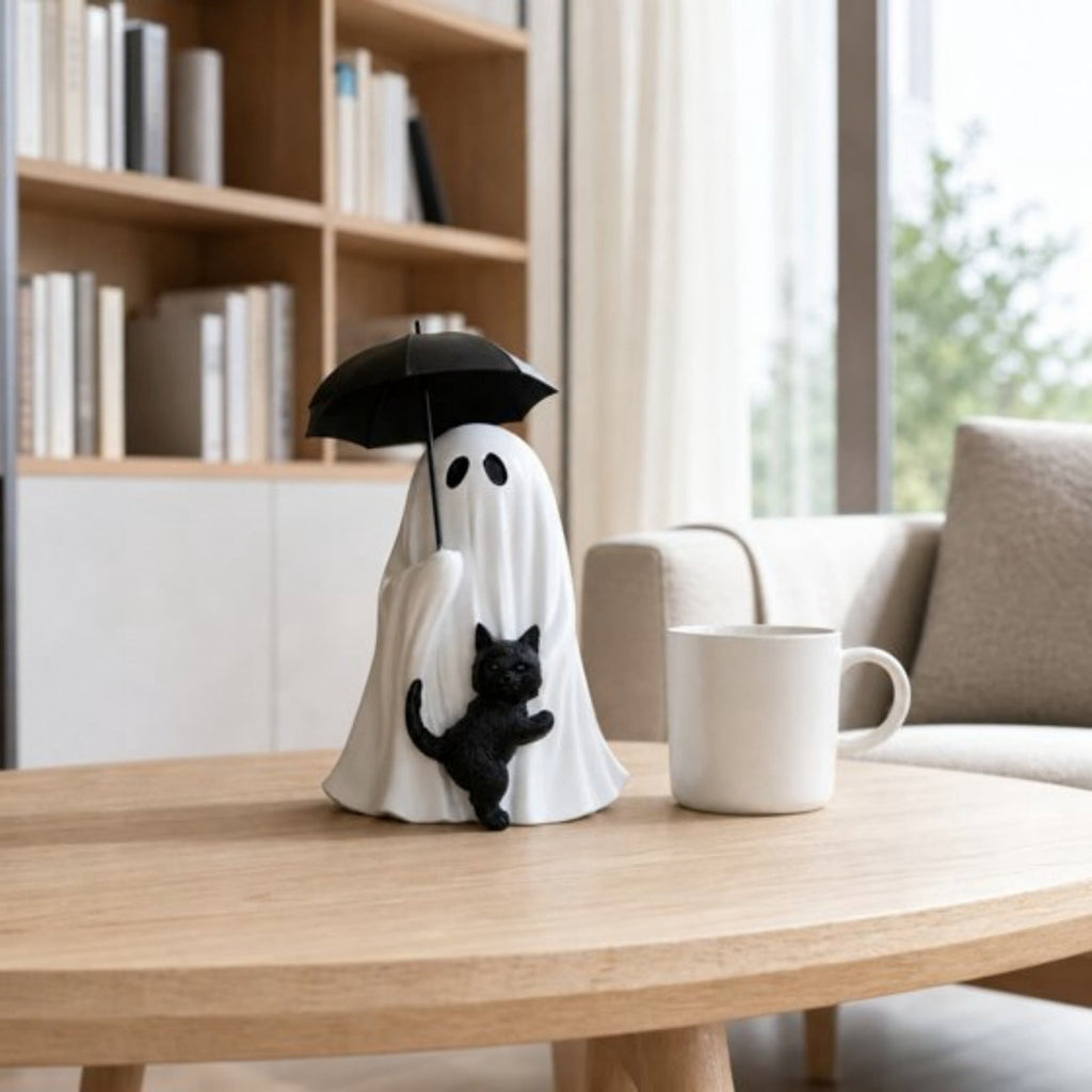 Halloween Ghost Figurine, Ghost Girl with Pink Bow & Hot Drink, Funny Ghost Statue Halloween Decor for Gift, Cute Spooky Tabletop Ornament for Home, Mantle, Desk & Party Decoration