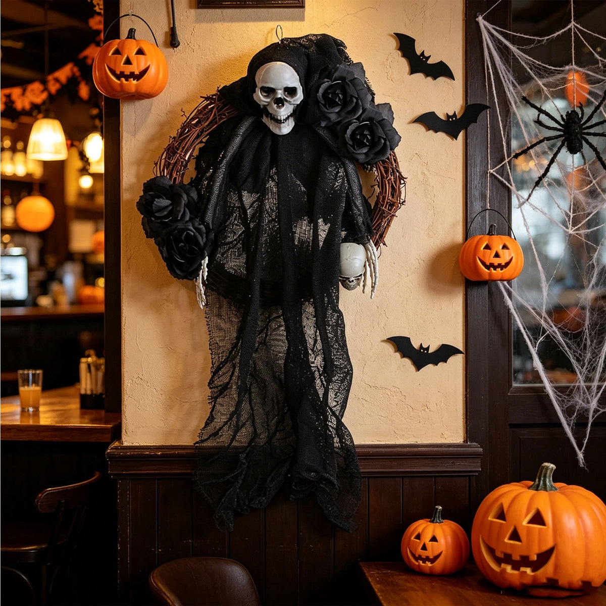Halloween Ghost Decor Halloween Wreath for Front Door Spooky Gothic Halloween Rattan Wreath with Skull Rose Halloween Skeleton Decoration for Indoor Outdoor Porch Wall Home Decor