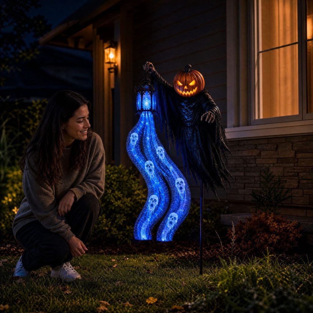 Solar Halloween Metal Moon Black Cat Garden Stake with LED Pumpkin Lantern, Light Up Star Bat Yard Decor Stake, Spooky Outdoor Lawn Pathway Halloween Decoration