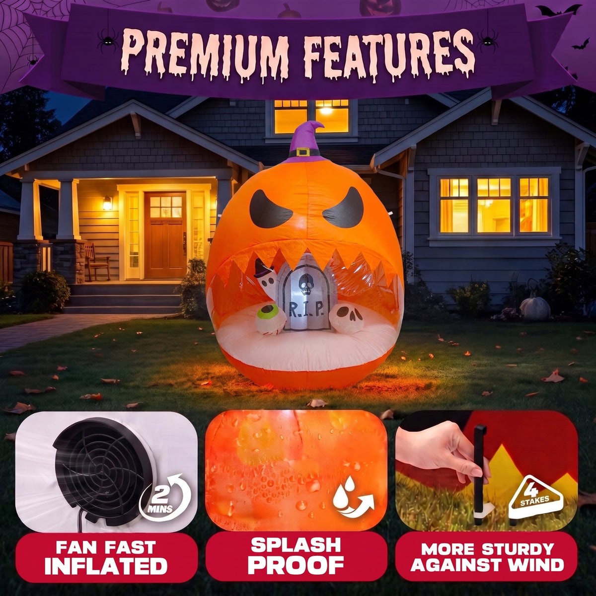 Glazina 6 FT Halloween Inflatable Pumpkin Clear Window with Ghost Tombstone, Built-In LED Lights, Outdoor Halloween Blow Up Yard Decoration
