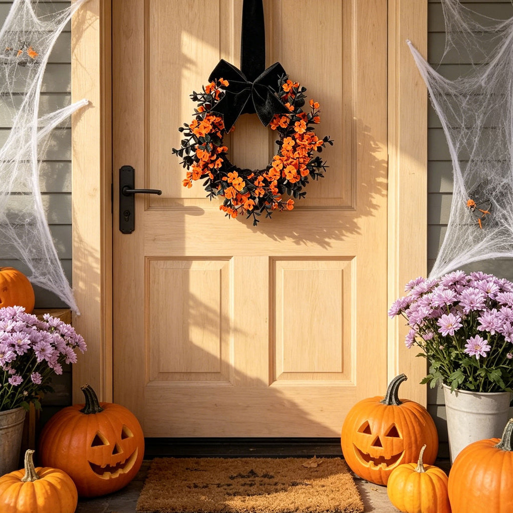 FXMLRLK 1 Pack Halloween Cabinet Wreaths with Ribbon Bows Artificial Flowers Kitchen Wreath for Window Front Door Farmhouse Wall Halloween Decorations, Blue