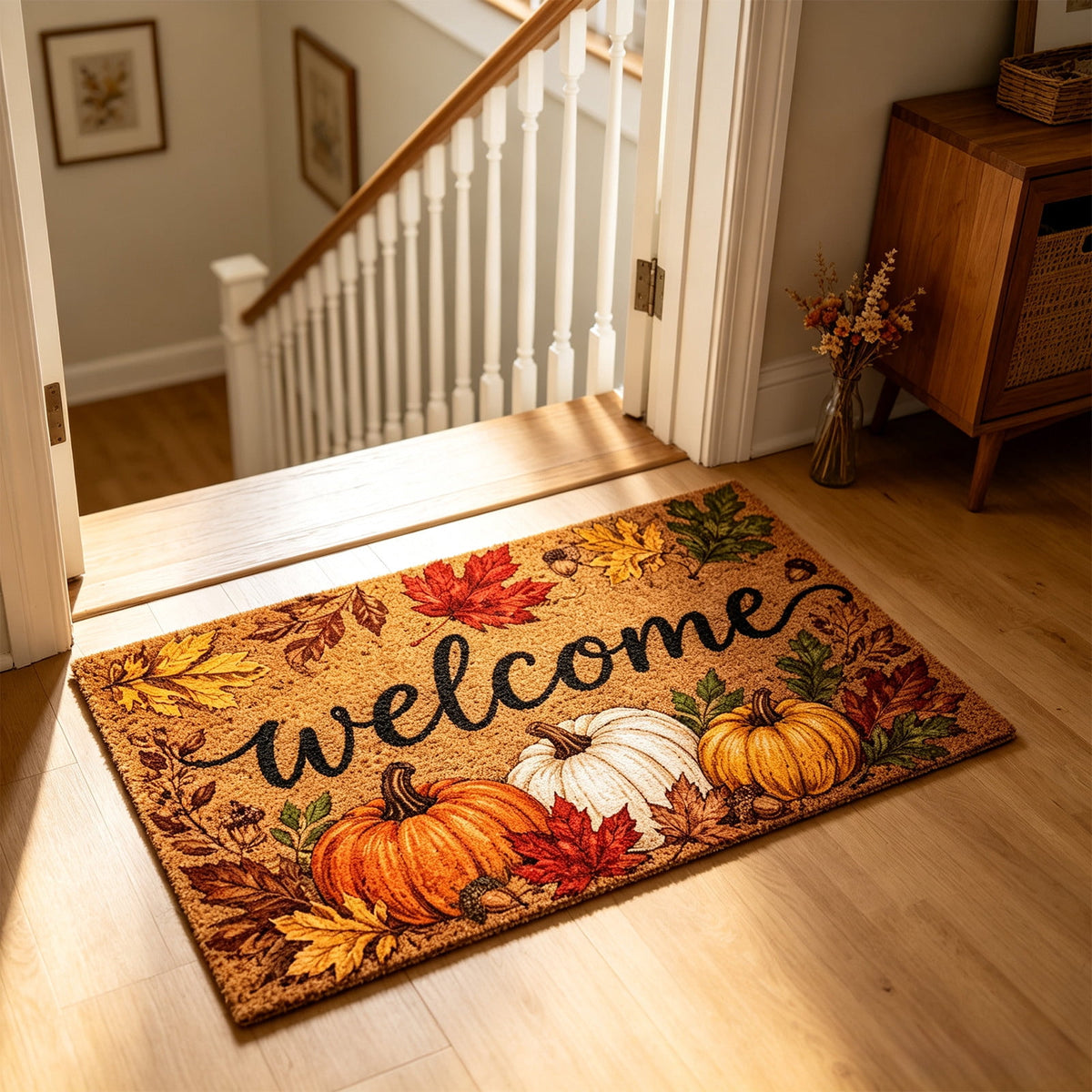 Fall Welcome Coir Door Mat, Fall Harvest Pumpkin Front Door Outdoor Doormat Entrance Porch Non Slip Rubber Rug for Halloween Decor Brown