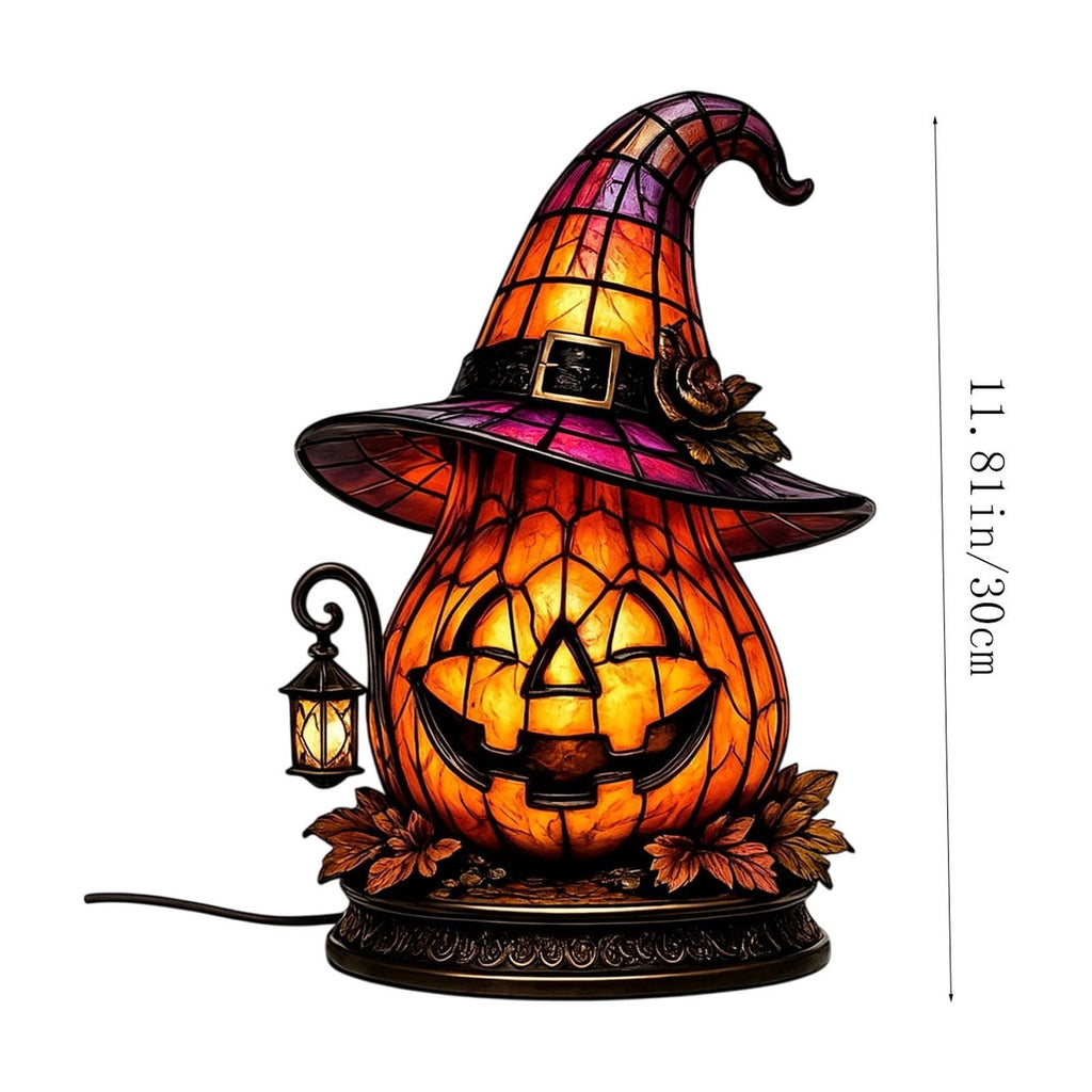 Halloween Lighted Witch Cauldron Decor Lamp, Stained Glass Witch Hat Magic Pot Night Light with Pumpkin & Potion Bottle Details, Spooky Vintage Tabletop Ornament for Mantel Living Room Party