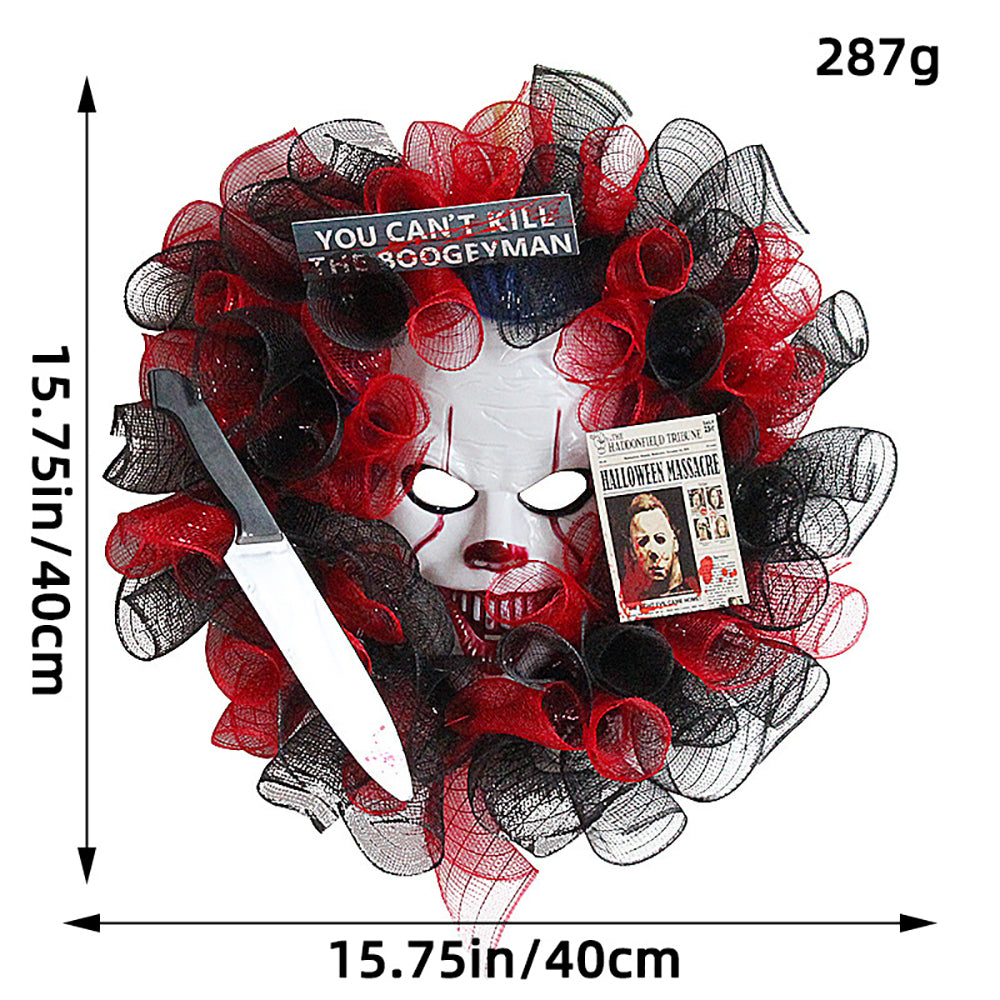 Halloween Red Mesh Mask Wreath, Creative Ghost Festival Party Wreath for Front Door Wall Hanging Haunted House Arrangement Props Festival Celebrations Decoration Holiday Home Decor